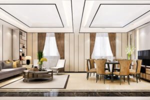 3d rendering modern dining room and living room with luxury decor