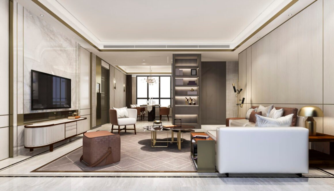 3d rendering loft luxury living room with bookshelf near dining table