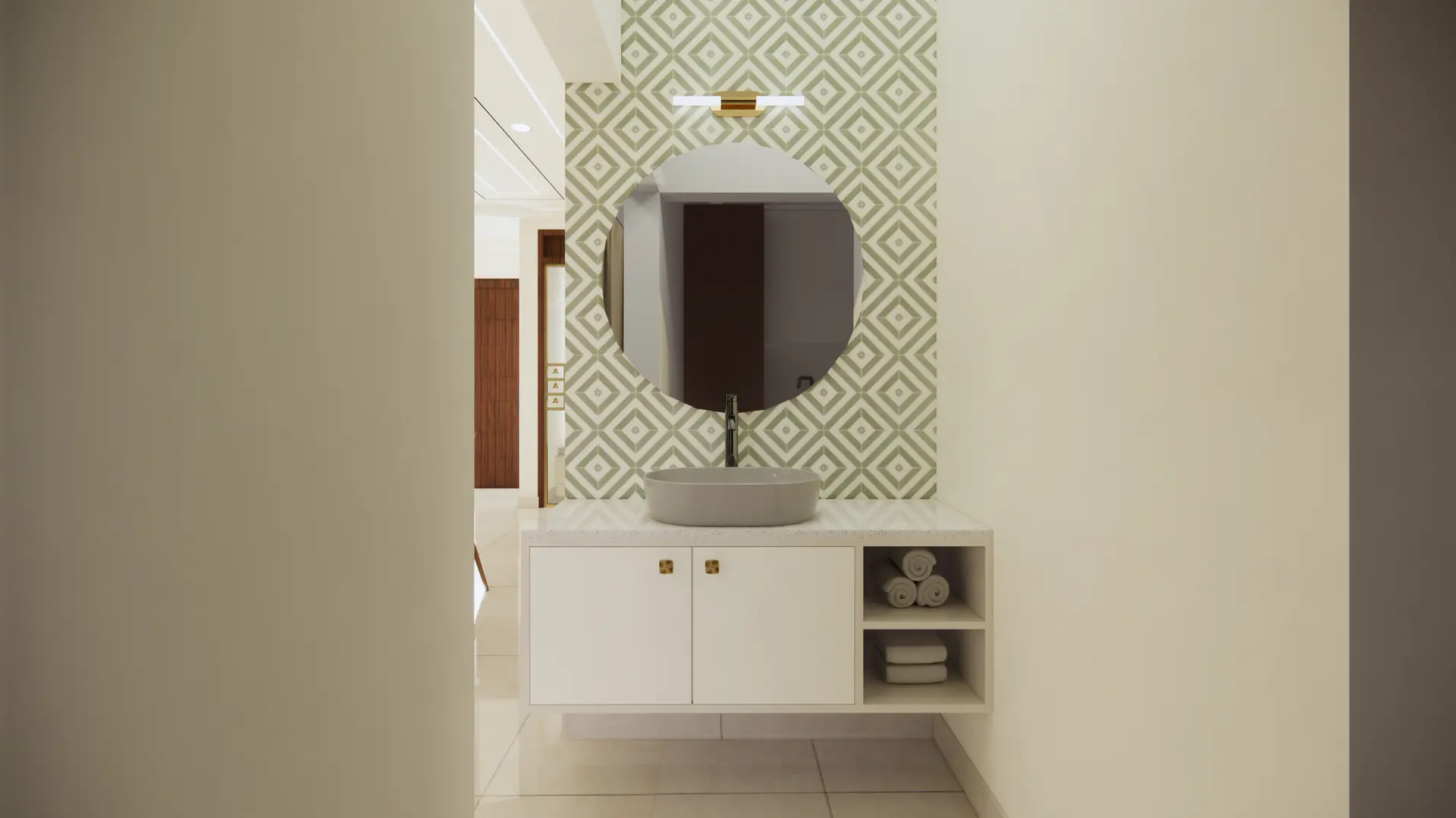 Modern bathroom vanity with round mirror and patterned wall in Hyderabad.